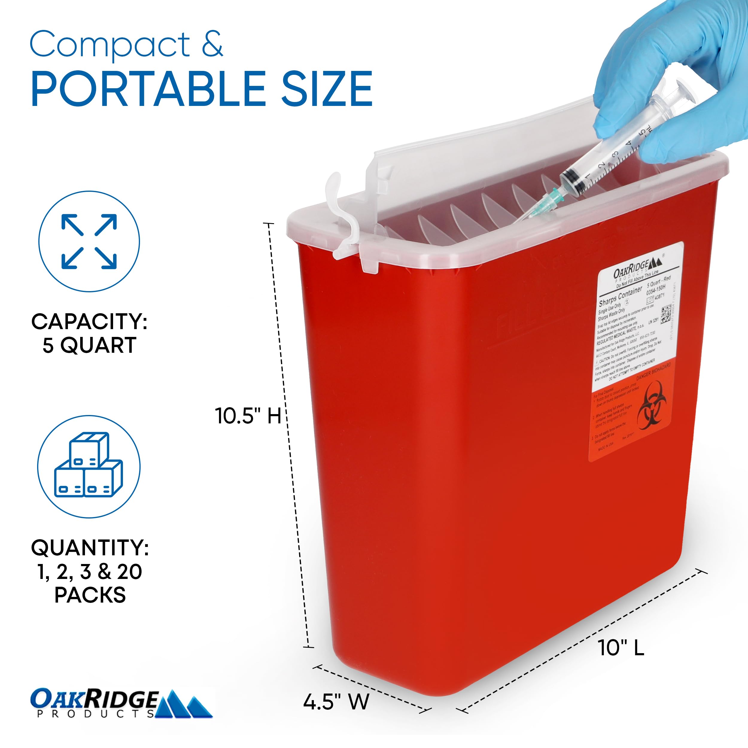 Oakridge Products Sharps Container for Home Use and Professional 5 Quart (1-Pack), Biohazard Needle and Syringe Disposal, Horizontal Drop Style Lid with levers, CDC Certified