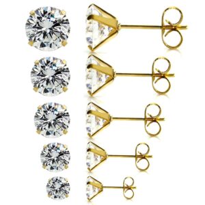 JewelrieShop Stud Earrings Hypoallergenic Cubic Zirconia Earrings Studs for Women Surgical Steel Stud Earrings Pack for Sensitive Ears (5 Pairs, White CZ, Gold Post, 3-7mm, 4 Prong)