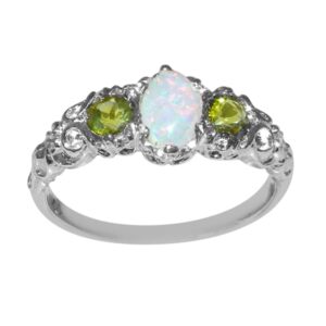 LetsBuyGold 10k White Gold Real Genuine Opal and Peridot Womens Trilogy Engagement Ring - Size 6