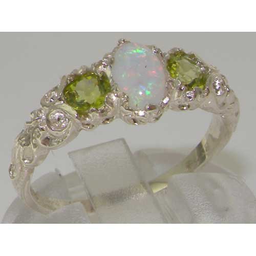 LetsBuyGold 10k White Gold Real Genuine Opal and Peridot Womens Trilogy Engagement Ring - Size 6