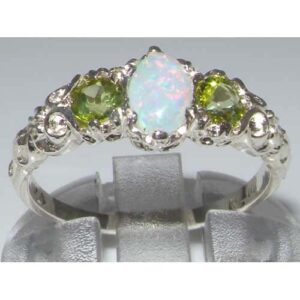 LetsBuyGold 10k White Gold Real Genuine Opal and Peridot Womens Trilogy Engagement Ring - Size 6