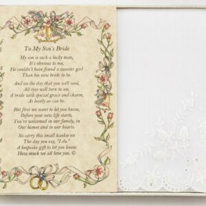 Wedding Handkerchief Poetry Hankie (Groom’s Mother to Bride) White, Lace Embroidered Bridal Keepsake, Beautiful Poem Card | Long-Lasting Memento for The Bride | Includes Gift Storage Box