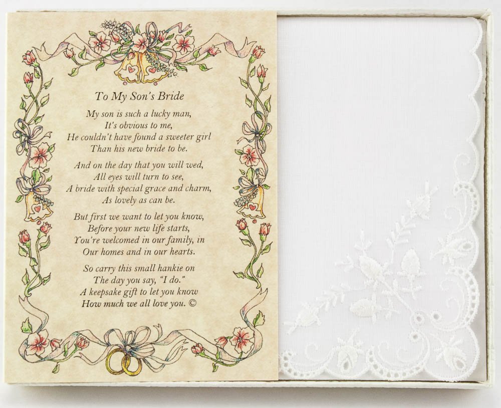 Wedding Handkerchief Poetry Hankie (Groom’s Mother to Bride) White, Lace Embroidered Bridal Keepsake, Beautiful Poem Card | Long-Lasting Memento for The Bride | Includes Gift Storage Box