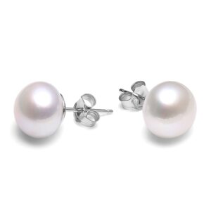 Pearl Earrings 10-11mm Button Freshwater Cultured Pearls 925 Sterling Silver Stud Earrings- VIKI LYNN