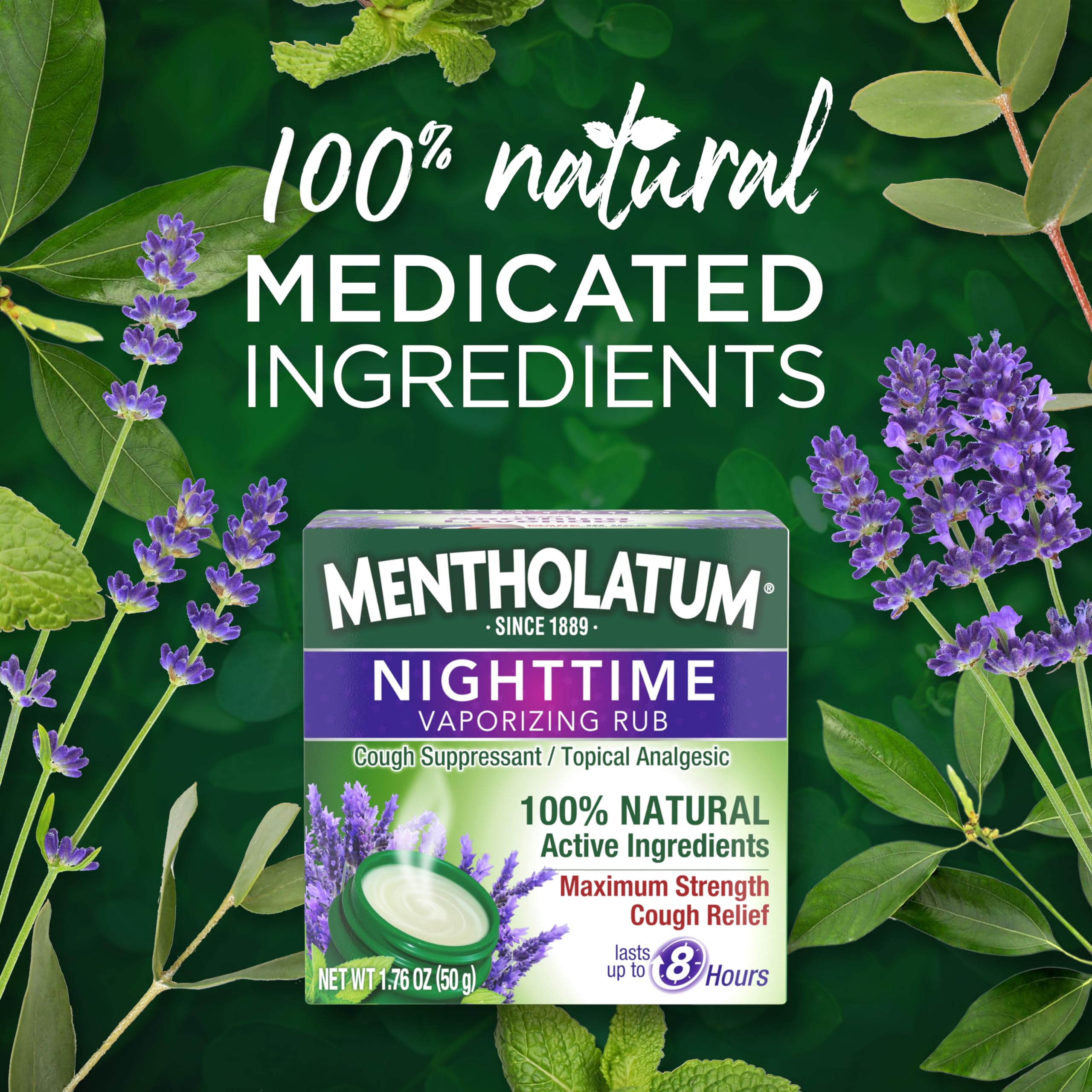 Mentholatum Nighttime Vaporizing Rub with soothing Lavender essence, 1.76 oz. (50 g) - 100% Natural Active Ingredients for Maximum Strength Cough Relief,5326