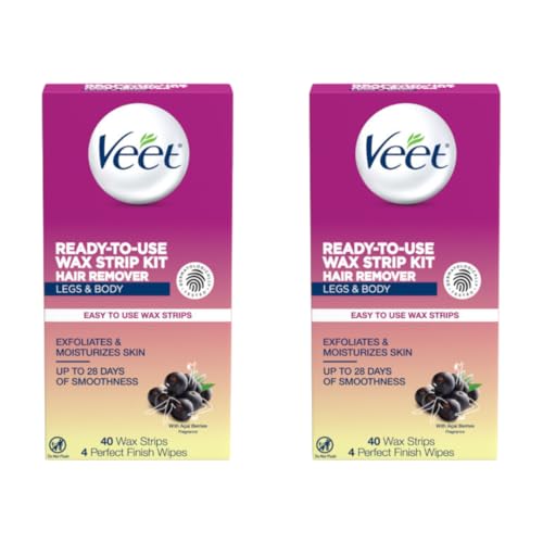 Veet Leg & Body Hair Removal Kit- Sensitive Formula, Ready-to-use Cold Wax Strips, Shea Butter & Acai Fragrance, 40 Count (Pack of 2)