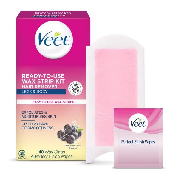 Veet Leg & Body Hair Removal Kit- Sensitive Formula, Ready-to-use Cold Wax Strips, Shea Butter & Acai Fragrance, 40 Count (Pack of 2)