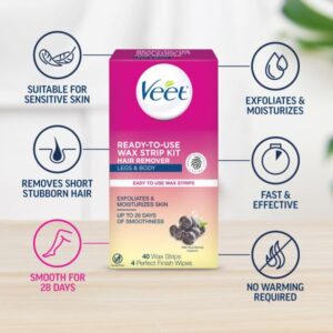 Veet Leg & Body Hair Removal Kit- Sensitive Formula, Ready-to-use Cold Wax Strips, Shea Butter & Acai Fragrance, 40 Count (Pack of 2)