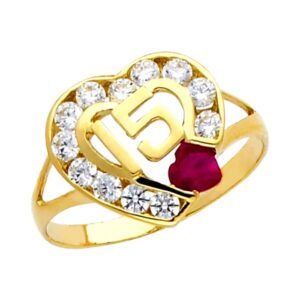 Solid 14k Gold Heart CZ Sweet 15 Quinceanera Ring (7.25)