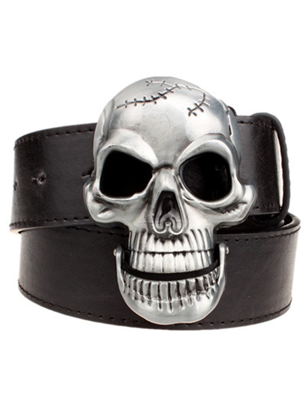 Moolecole Fashion Men Skull Head Leather Buckle Belt Waist Band Jeans Decorative Punk Belt Black