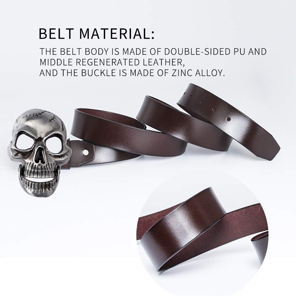 Moolecole Fashion Men Skull Head Leather Buckle Belt Waist Band Jeans Decorative Punk Belt Black