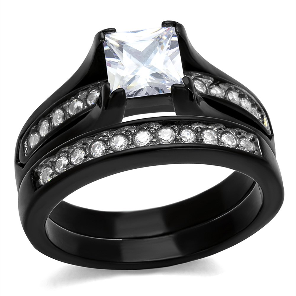 Marimor Jewelry 2.10 Carat Princess Cut Zirconia Black Stainless Steel Wedding Ring Set Womens Size 6