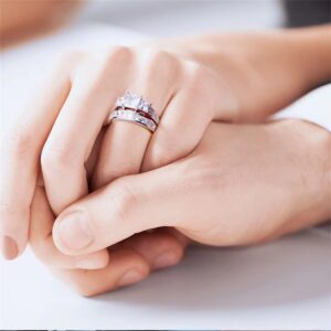 MABELLA Sterling Silver Ring for Women - 3 Stone CZ Princess Cut Engagement Ring - Cute Silver Wedding Ring Bands for Women - Bridal Womens Ring Set - Unique Gift for Her - 2 Pcs - Size 6