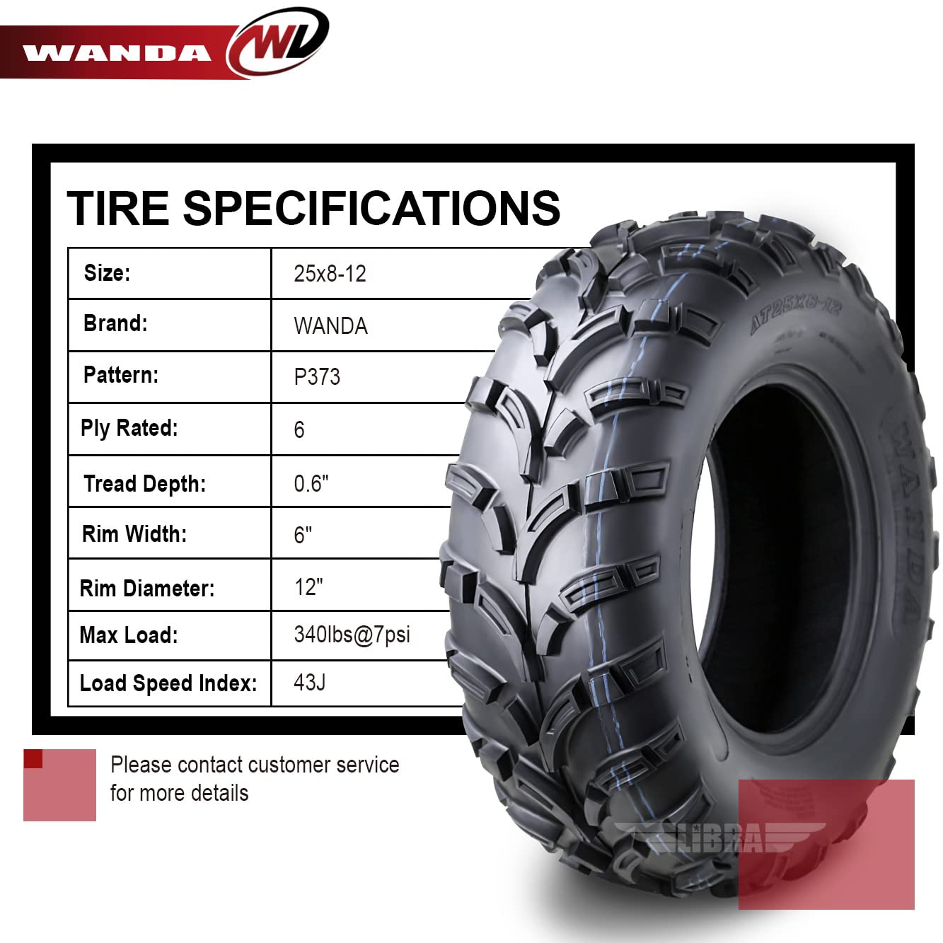 WANDA ATV/UTV Tires 25x8-12 25x8x12 6-Ply Light Mud Tires, Set 2-10243