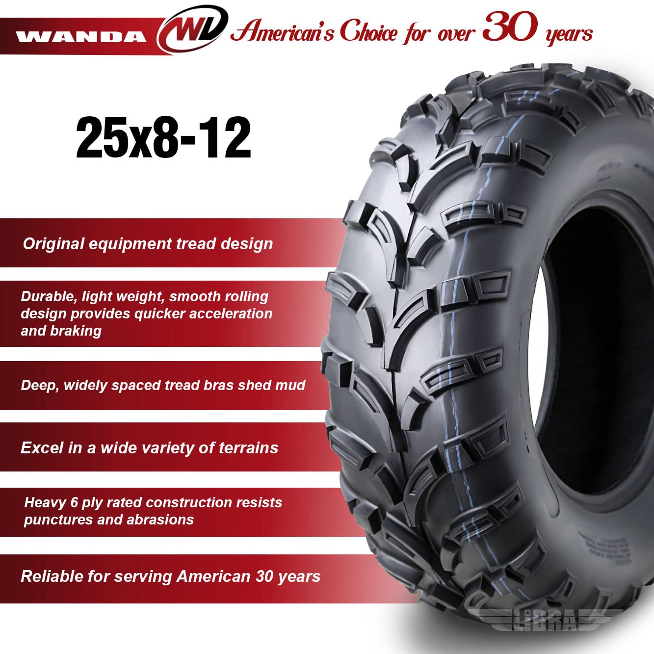 WANDA ATV/UTV Tires 25x8-12 25x8x12 6-Ply Light Mud Tires, Set 2-10243