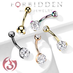 Forbidden Body Jewelry Belly Button Rings 14K Gold Plated Double Jeweled CZ Crystals 14G Surgical Steel