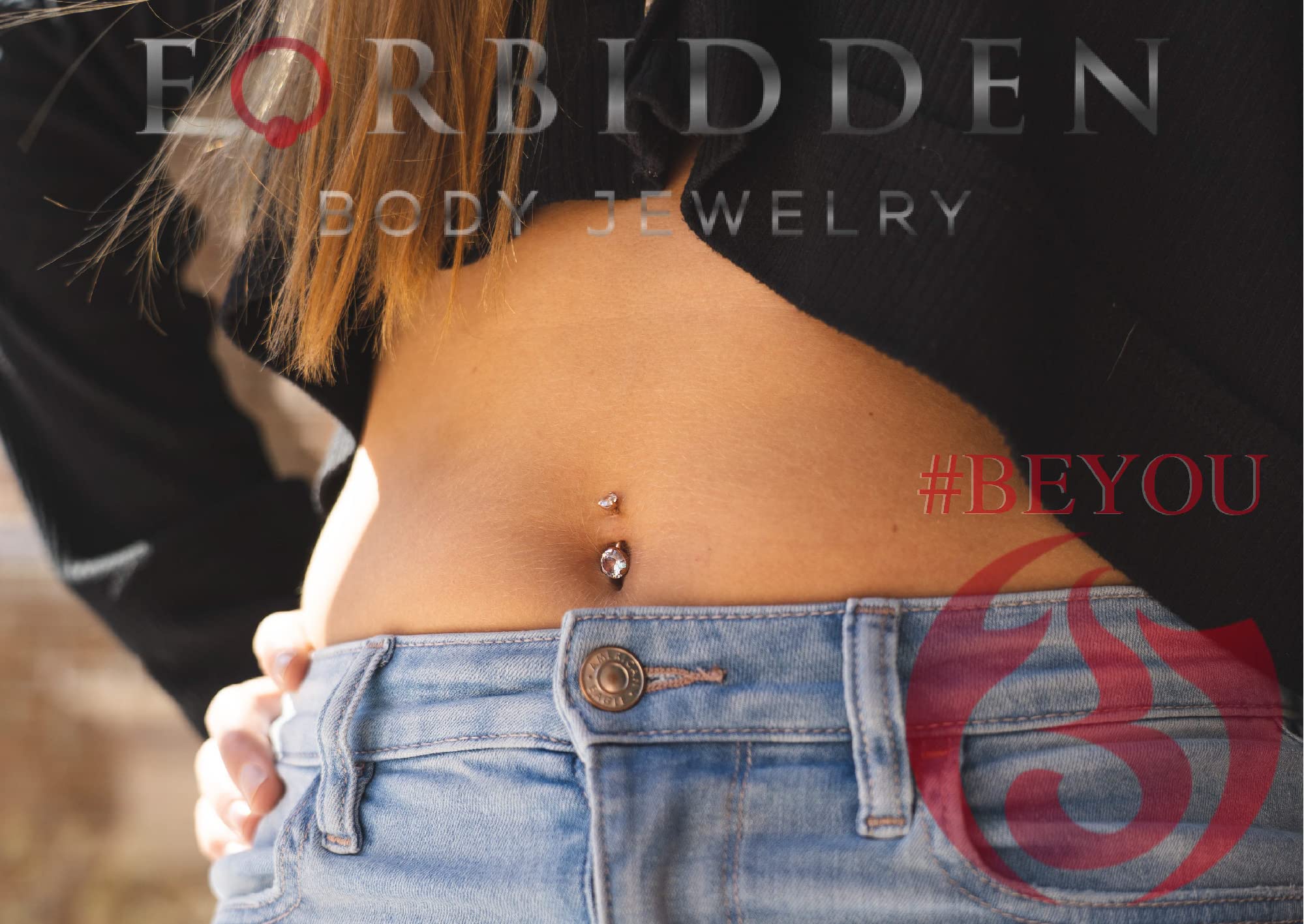 Forbidden Body Jewelry Belly Button Rings 14K Gold Plated Double Jeweled CZ Crystals 14G Surgical Steel