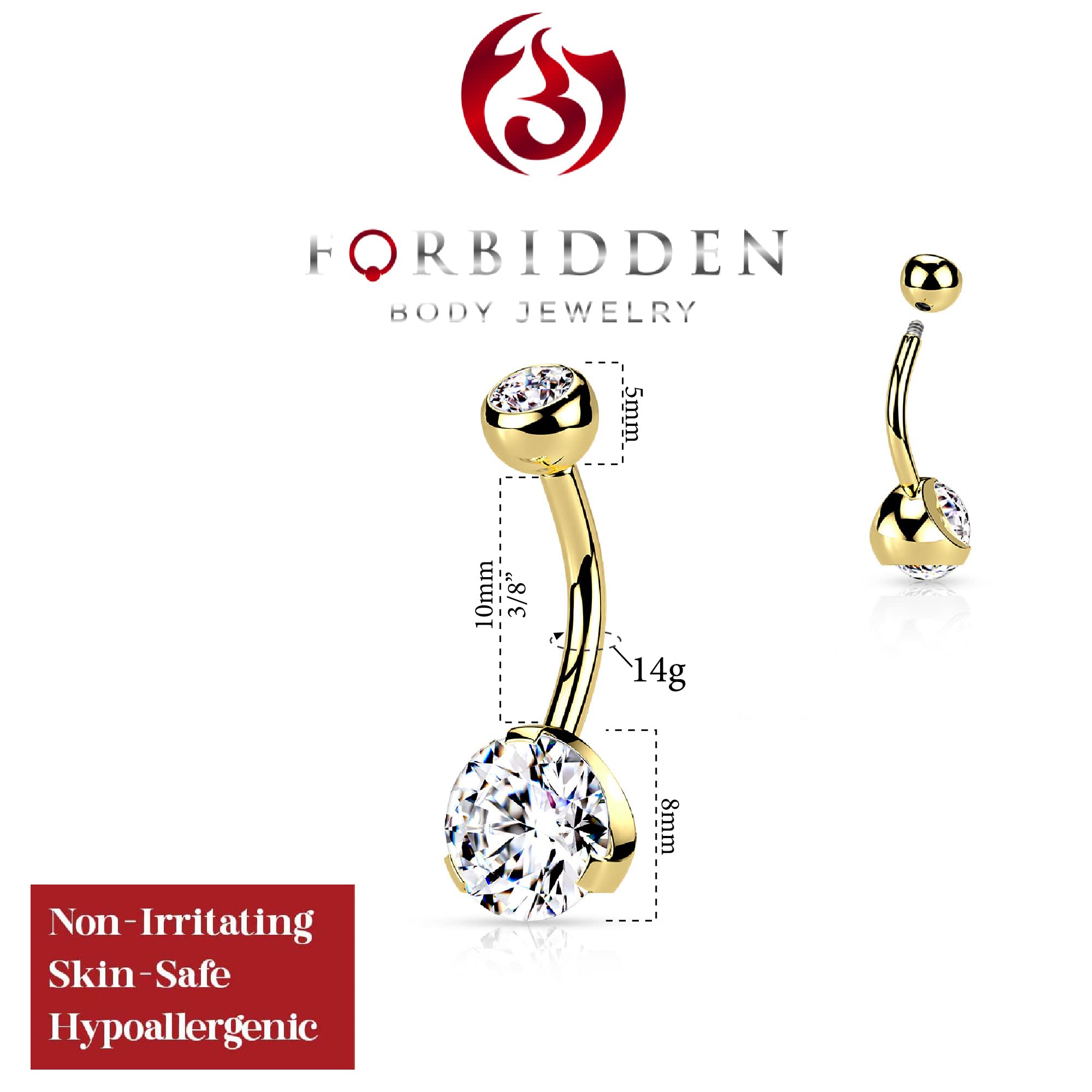 Forbidden Body Jewelry Belly Button Rings 14K Gold Plated Double Jeweled CZ Crystals 14G Surgical Steel