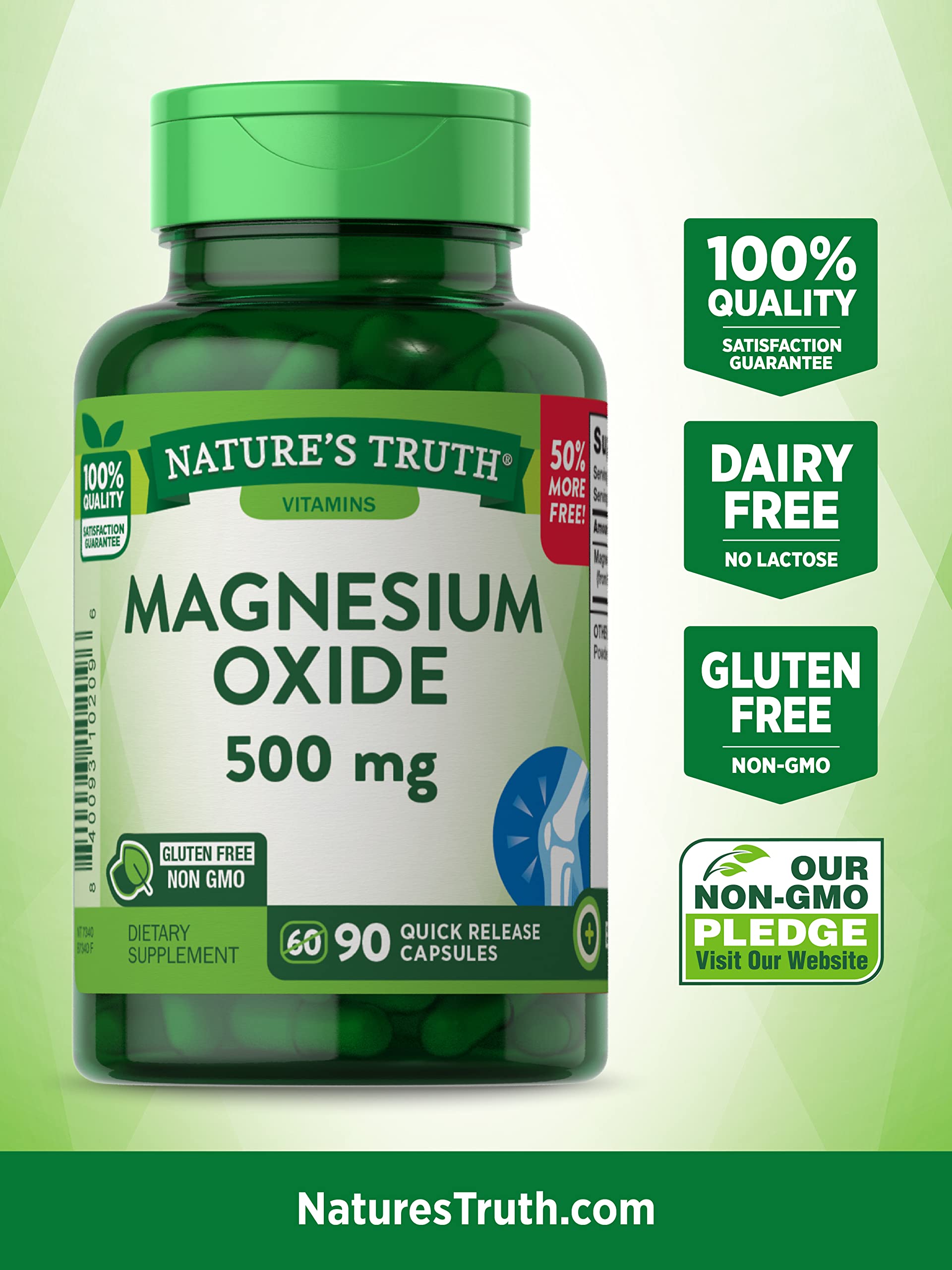 Magnesium Oxide 500mg Capsules | 90 Count | Non-GMO & Gluten Free High Strength Supplement | by Nature's Truth