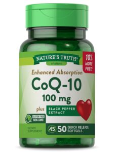 coq10 100mg | 50 softgels | enhanced absorption supplement | plus black pepper extract | non-gmo and gluten free formula | by nature's truth