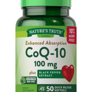 CoQ10 100mg | 50 Softgels | Enhanced Absorption Supplement | Plus Black Pepper Extract | Non-GMO and Gluten Free Formula | by Nature's Truth