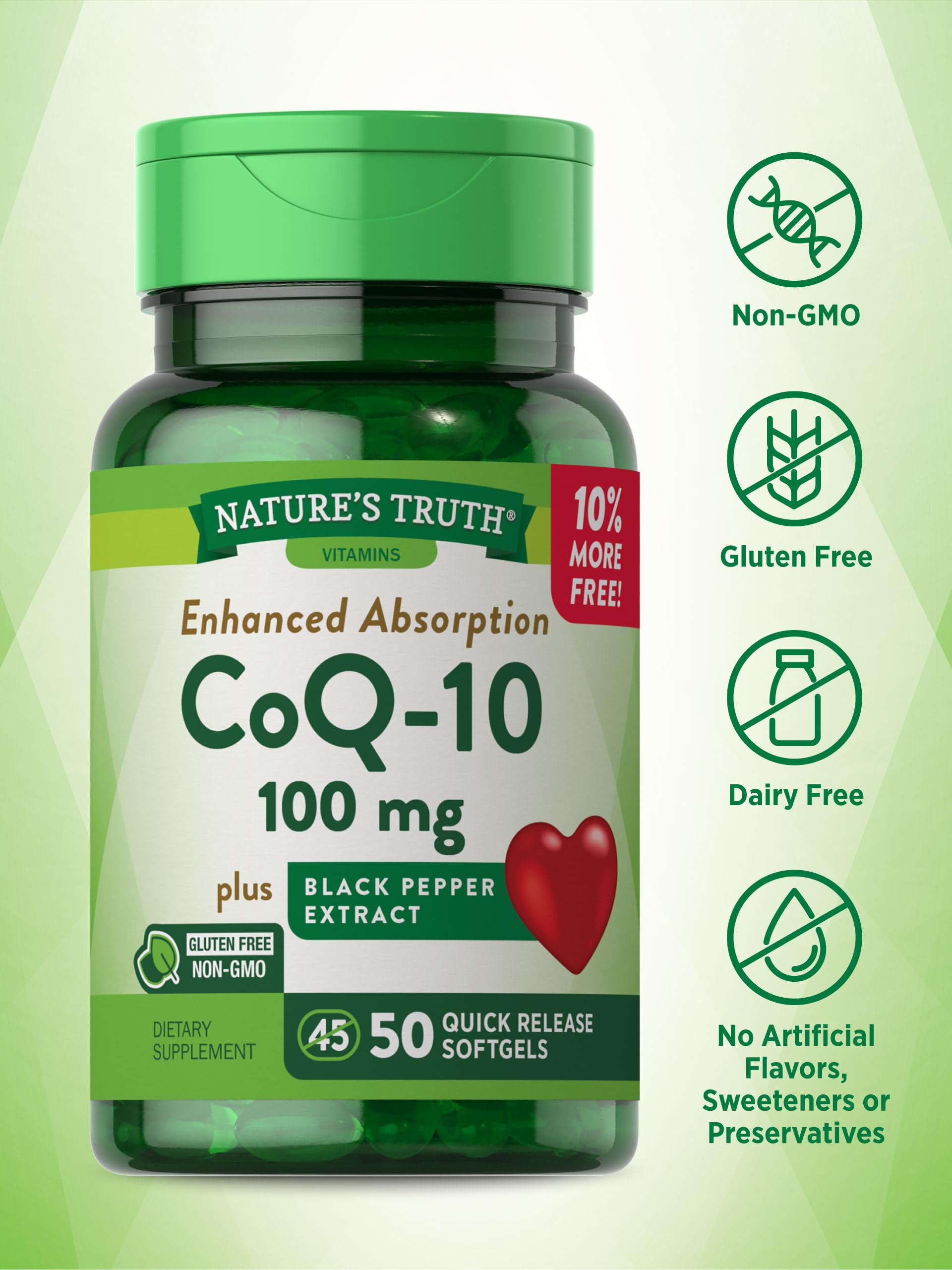 CoQ10 100mg | 50 Softgels | Enhanced Absorption Supplement | Plus Black Pepper Extract | Non-GMO and Gluten Free Formula | by Nature's Truth