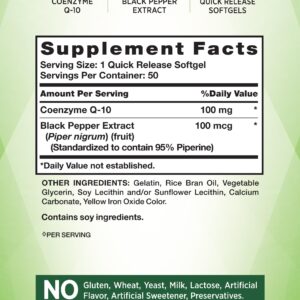 CoQ10 100mg | 50 Softgels | Enhanced Absorption Supplement | Plus Black Pepper Extract | Non-GMO and Gluten Free Formula | by Nature's Truth