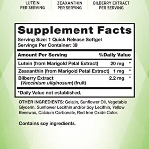 Lutein and Zeaxanthin Supplement | 20mg | 39 Softgels | with Bilberry | Non-GMO & Gluten Free | by Nature's Truth