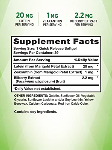 Lutein and Zeaxanthin Supplement | 20mg | 39 Softgels | with Bilberry | Non-GMO & Gluten Free | by Nature's Truth