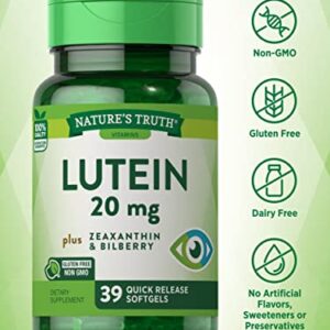 Lutein and Zeaxanthin Supplement | 20mg | 39 Softgels | with Bilberry | Non-GMO & Gluten Free | by Nature's Truth