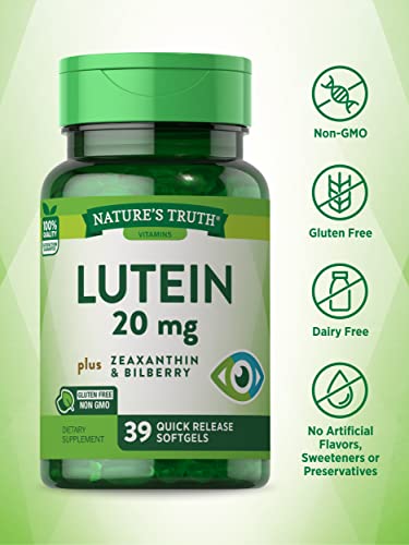 Lutein and Zeaxanthin Supplement | 20mg | 39 Softgels | with Bilberry | Non-GMO & Gluten Free | by Nature's Truth