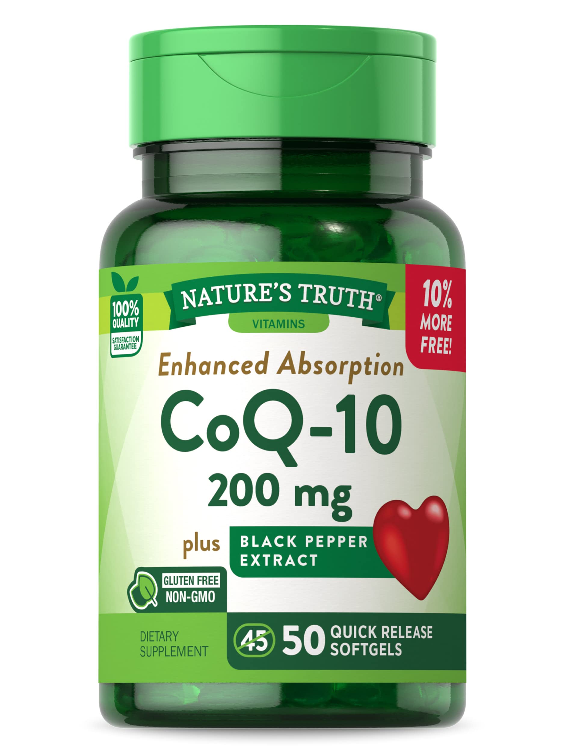 Nature's Truth CoQ10 200 mg Softgels | 50 Count | Enhanced Absorption Supplement | Plus Black Pepper Extract | Non-GMO, Gluten Free