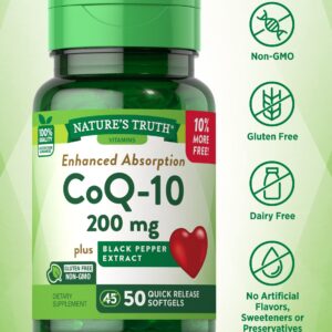 Nature's Truth CoQ10 200 mg Softgels | 50 Count | Enhanced Absorption Supplement | Plus Black Pepper Extract | Non-GMO, Gluten Free