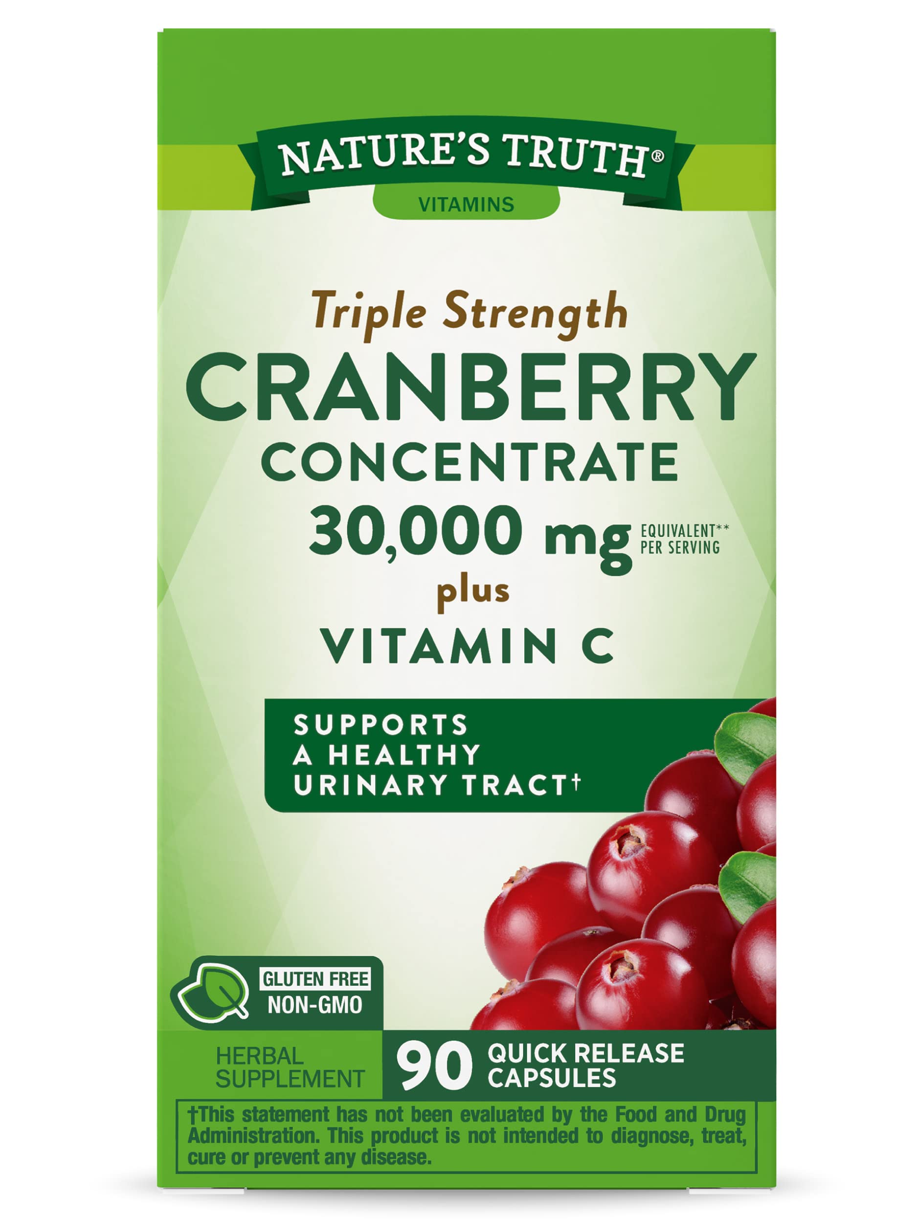 Cranberry Concentrate Capsules 30,000mg | Plus Vitamin C | Non-GMO & Gluten Free Supplement | Triple Strength Support Pills | by Nature's Truth