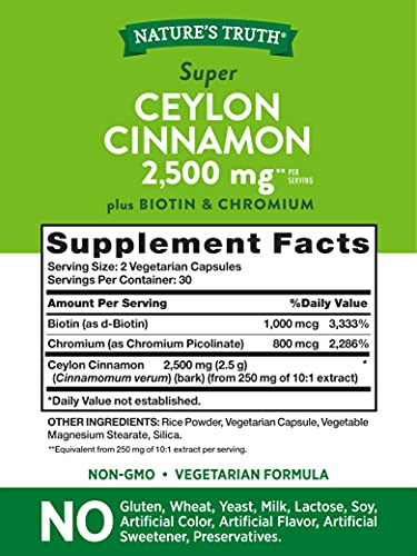 Ceylon Cinnamon Capsules | 2500mg | 60 Count | Vegetarian, Non-GMO & Gluten Free Supplement | Plus Chromium and Biotin | by Nature's Truth