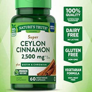 Ceylon Cinnamon Capsules | 2500mg | 60 Count | Vegetarian, Non-GMO & Gluten Free Supplement | Plus Chromium and Biotin | by Nature's Truth