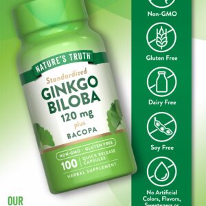 Ginkgo Biloba 120mg | Plus Bacopa | 100 Quick Release Capsules | Standardized Extract | Non-GMO and Gluten Free Supplement | by Nature's Truth