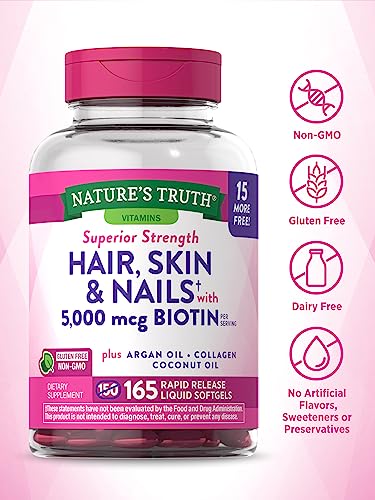 Hair, Skin & Nails Vitamin | 5000mcg Biotin | 165 Softgels | with Collagen | Non-GMO & Gluten Free Supplement | by Nature's Truth