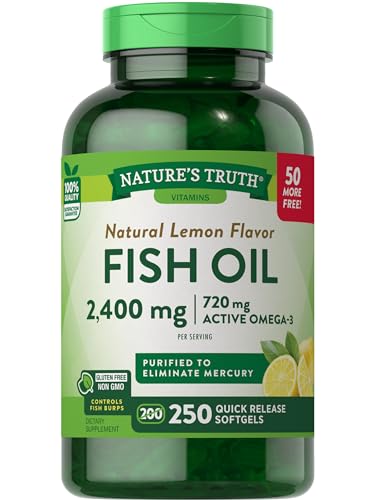 Nature's Truth Burpless Fish Oil 2400mg | 250 Softgels | 720 mg Omega 3 | Natural Lemon Flavor Pills | Non-GMO & Gluten Free Supplement