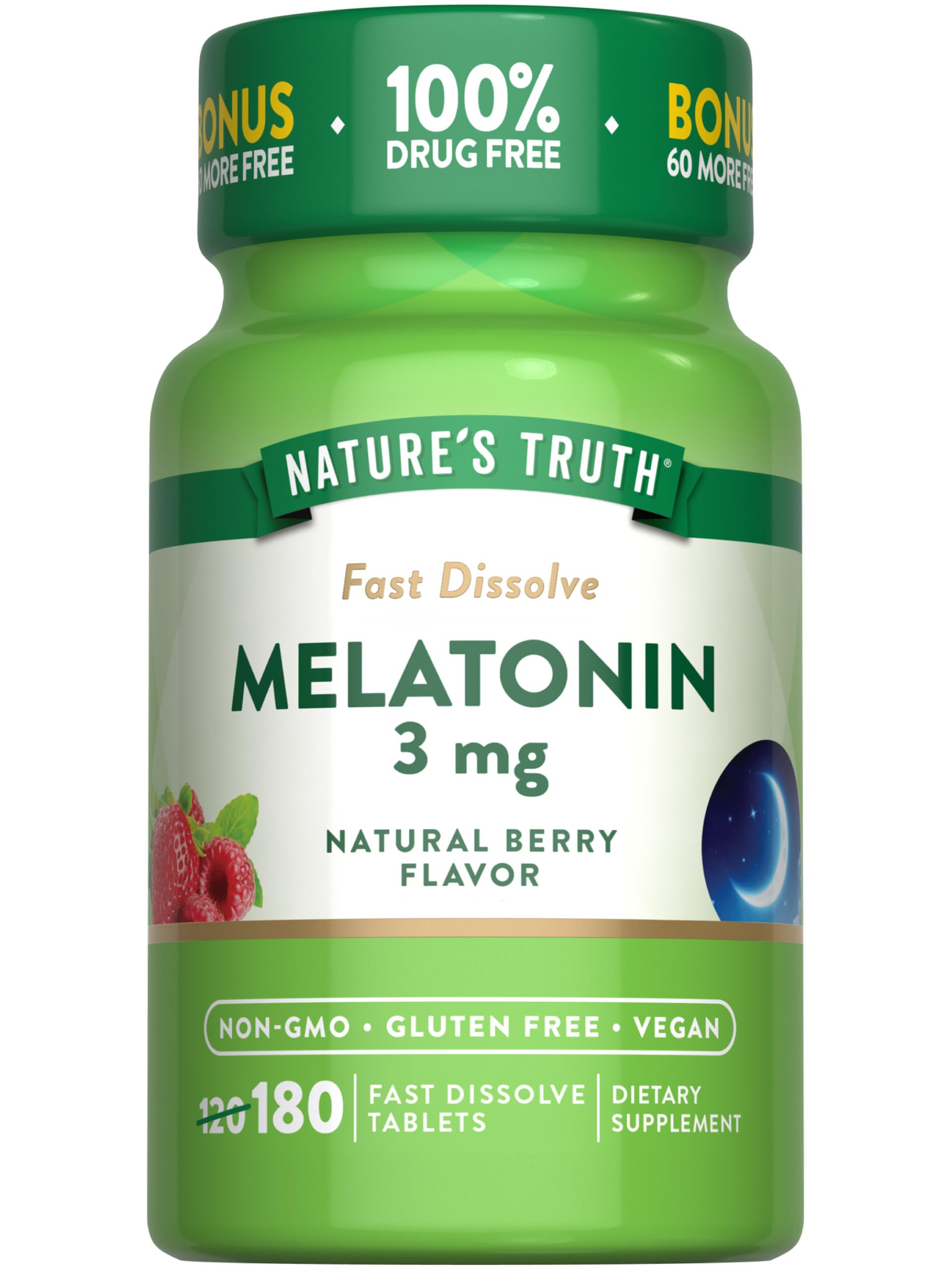 Nature's Truth Melatonin 3mg Fast Dissolve Tablets | 180 Count | Natural Berry Flavor | Vegan, Non-GMO, & Gluten Free Supplement