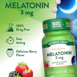 Nature's Truth Melatonin 3mg Fast Dissolve Tablets | 180 Count | Natural Berry Flavor | Vegan, Non-GMO, & Gluten Free Supplement