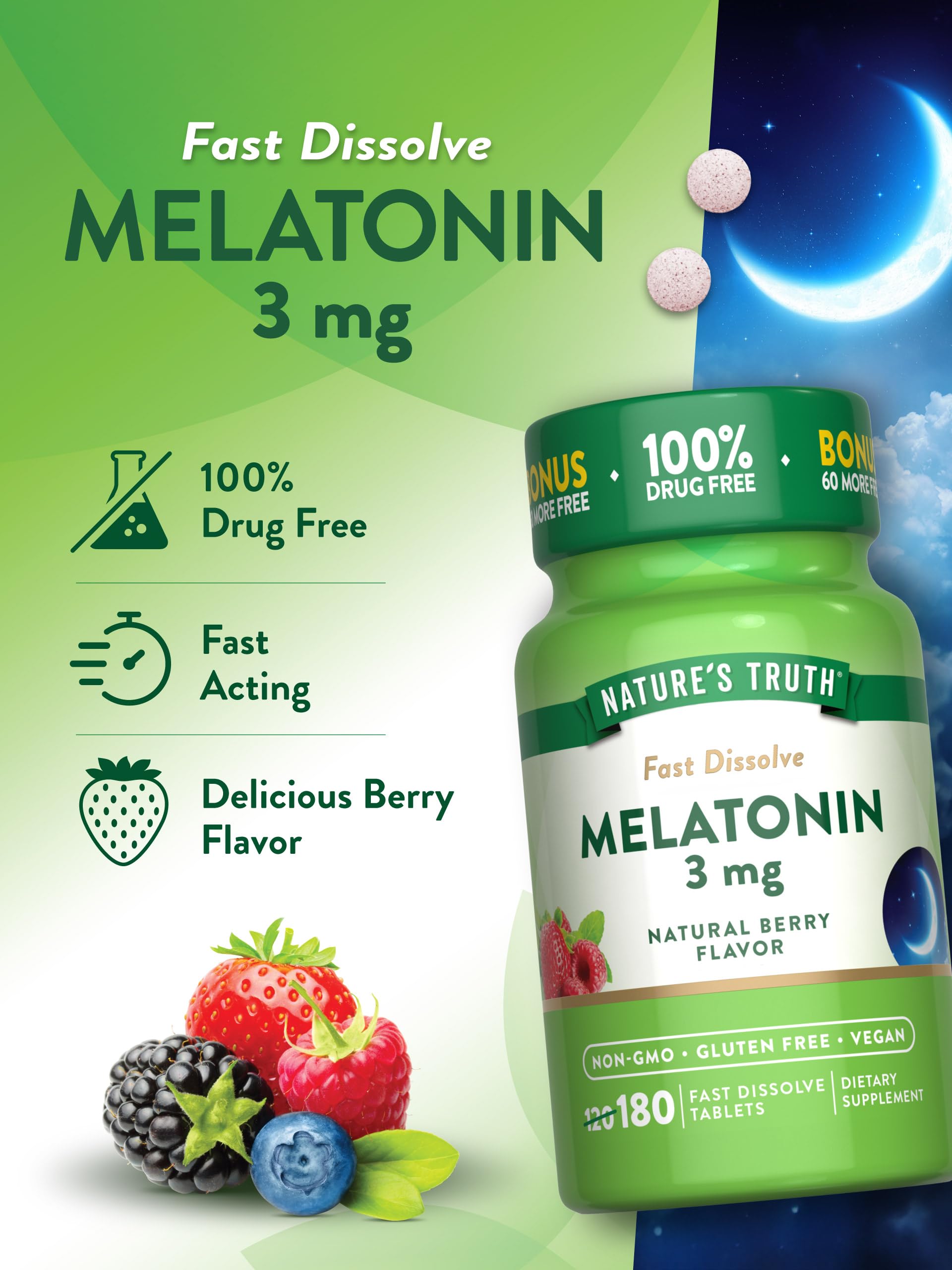 Nature's Truth Melatonin 3mg Fast Dissolve Tablets | 180 Count | Natural Berry Flavor | Vegan, Non-GMO, & Gluten Free Supplement