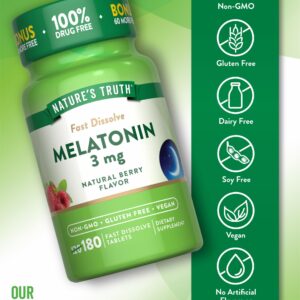 Nature's Truth Melatonin 3mg Fast Dissolve Tablets | 180 Count | Natural Berry Flavor | Vegan, Non-GMO, & Gluten Free Supplement