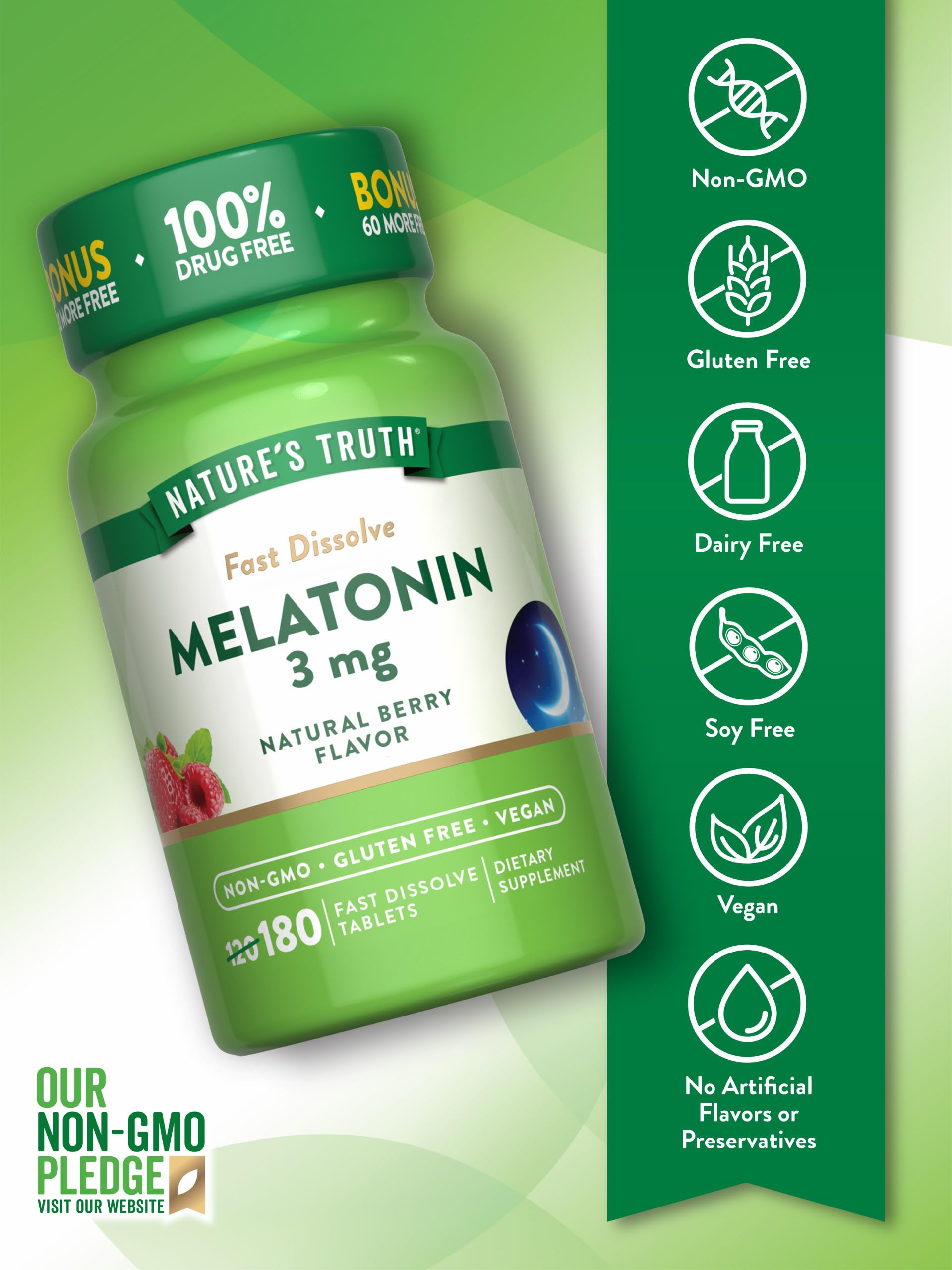 Nature's Truth Melatonin 3mg Fast Dissolve Tablets | 180 Count | Natural Berry Flavor | Vegan, Non-GMO, & Gluten Free Supplement