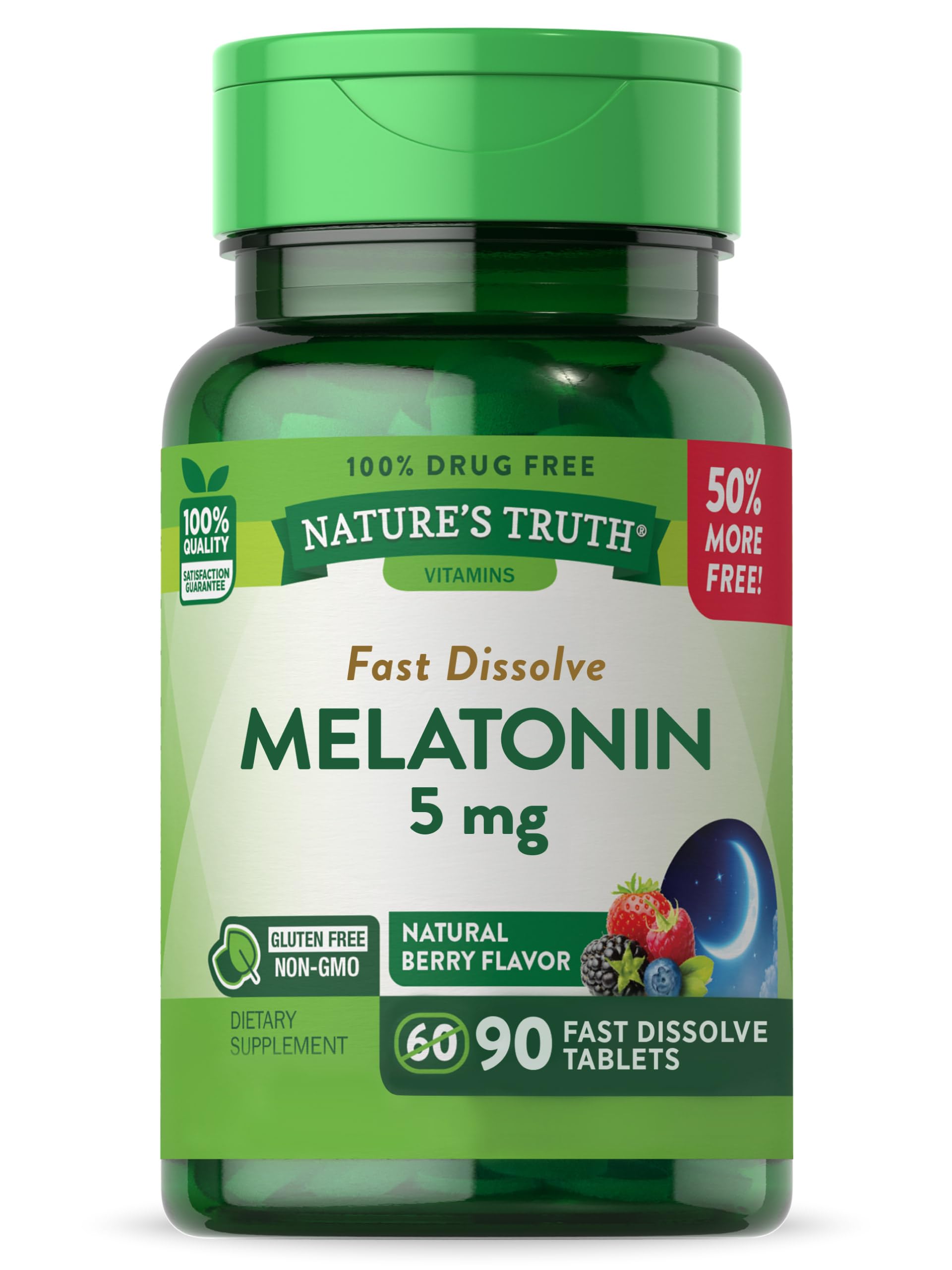 Melatonin 5 mg | 90 Fast Dissolve Tablets | Natural Berry Flavor | Vegetarian, Non-GMO & Gluten Free Supplement | by Nature's Truth