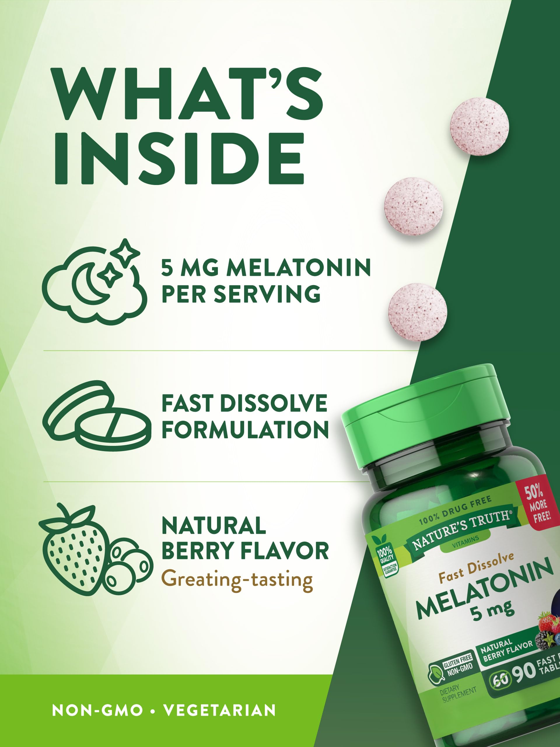 Melatonin 5 mg | 90 Fast Dissolve Tablets | Natural Berry Flavor | Vegetarian, Non-GMO & Gluten Free Supplement | by Nature's Truth