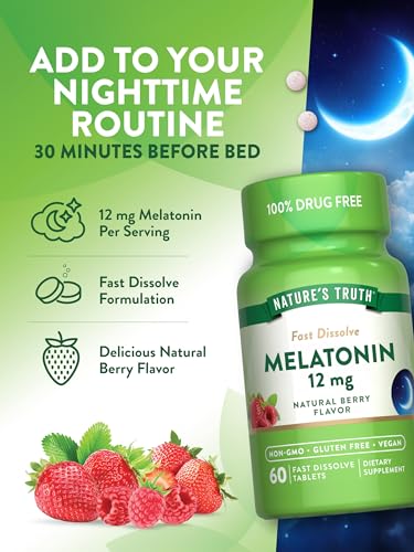 Melatonin 12mg | 60 Fast Dissolve Tablets | Natural Berry Flavor | Vegan, Non-GMO & Gluten Free | by Nature's Truth