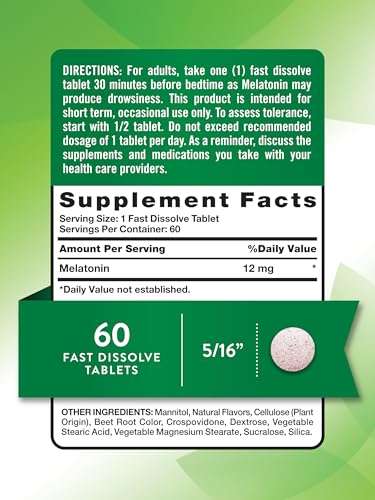 Melatonin 12mg | 60 Fast Dissolve Tablets | Natural Berry Flavor | Vegan, Non-GMO & Gluten Free | by Nature's Truth