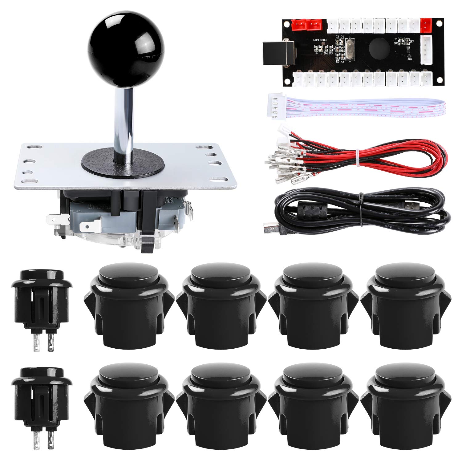 Easyget 1-Player PC Joystick DIY Kit Arcade Joystick DIY Parts,1x Zero Delay USB Encoder + 1x Joystick + 10x Arcade Button for MAME, Raspberry Pi RetroPie DIY, Classic Arcade DIY for Kids - Black