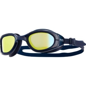 tyr special ops 2.0 swim goggles with polarized, anti-fog lenses, for men and women, gold/navy